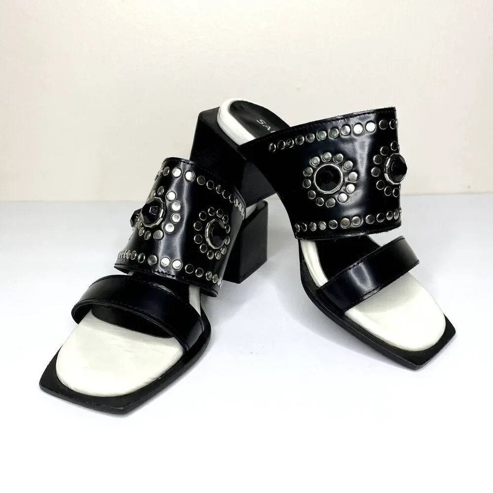 Ricky Sarkany Sandals Size 6 (36) Jewel Studded Chunky Stacked Block Heel Slides